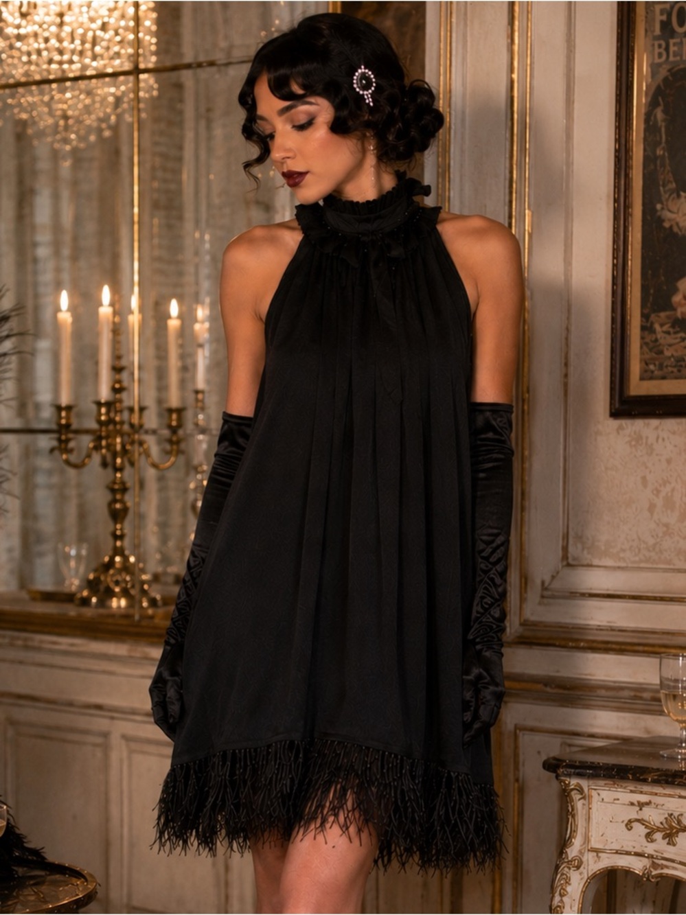 Chelsea & Theodore NWT Black Flapper Dress Ostrich Feathers M 1920s